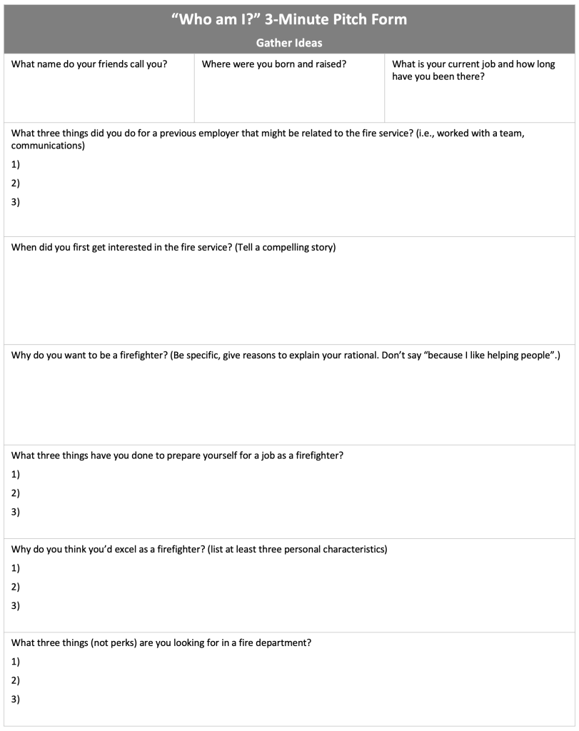 "Who Am I 3-Minute Pitch Form” Gathering Ideas