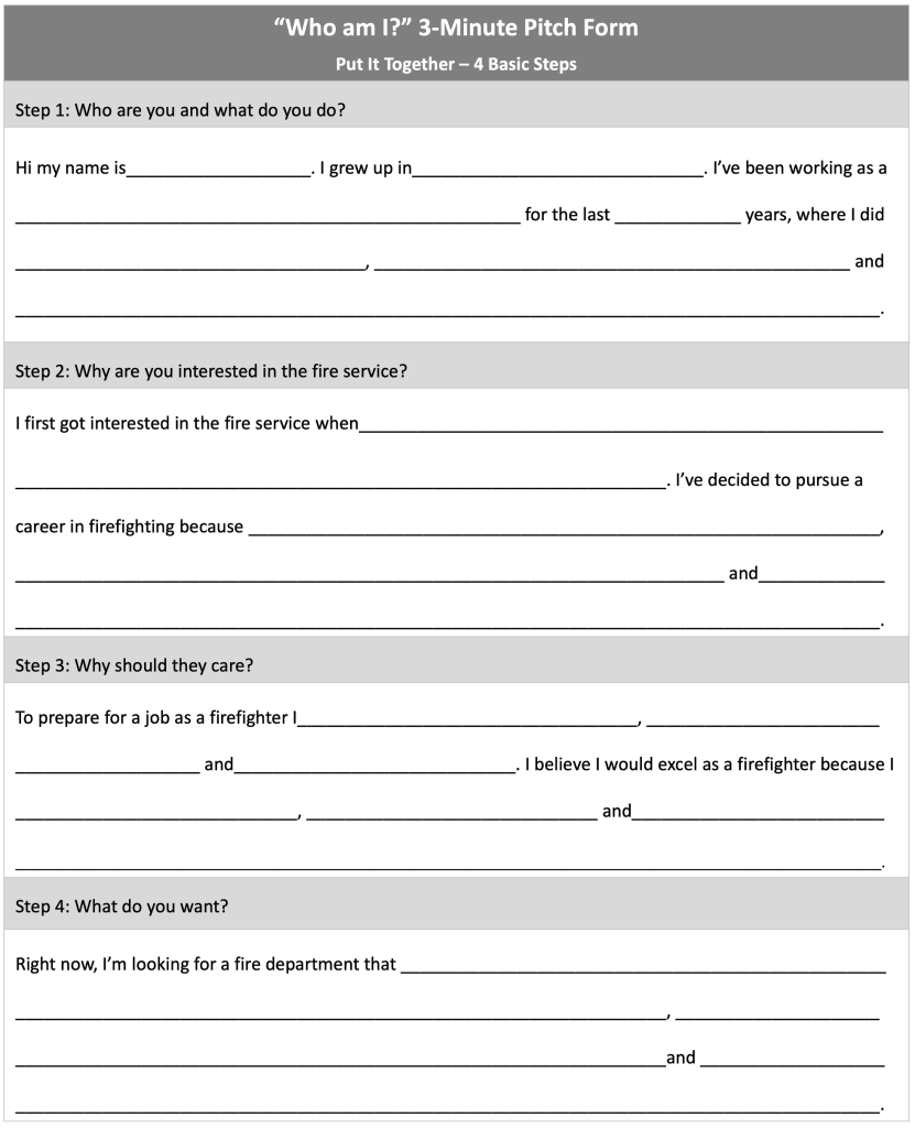 "WHO AM I 3-MINUTE PITCH FORM” PUTTING IT TOGETHER IN FOUR BASIC STEPS​